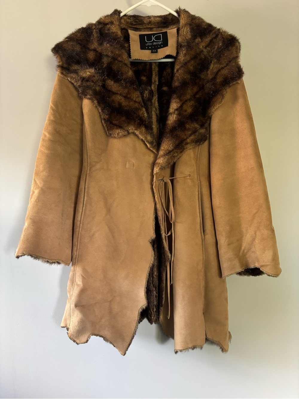 Utex Design Women's Tan Suede Shearling Coat with Brown Fur Trim